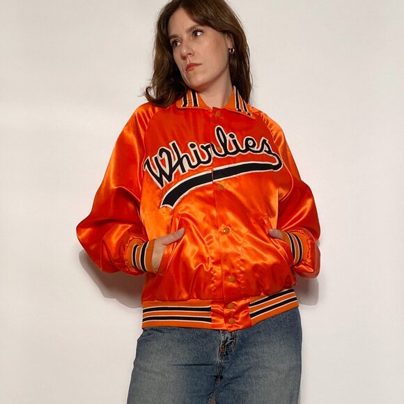 Vintage 1980s Orange & Black "Whirlies" Satin Bomber! Medium to Large - Picture 5 of 11